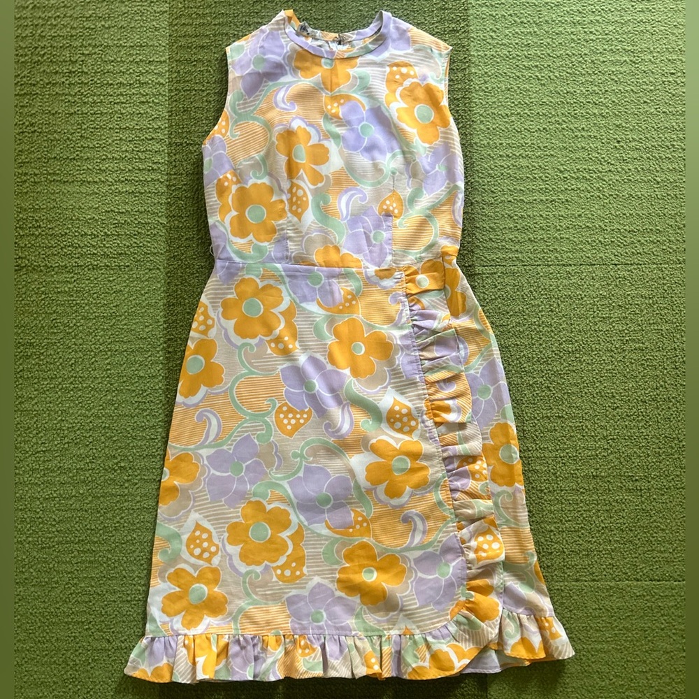 Vintage 60s Mod Orange & Lavender A Line Floral & Stripe Midi Dress s/m
